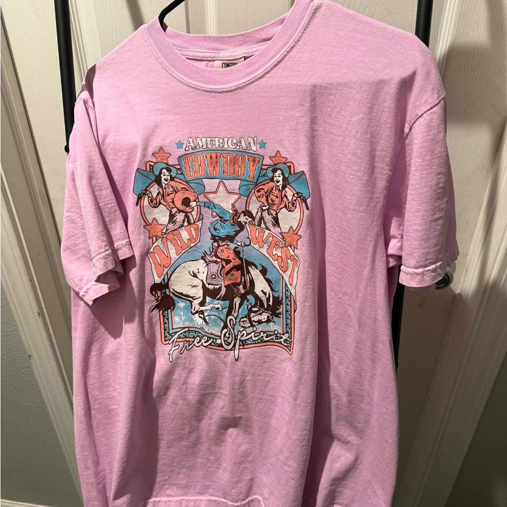 Comfort Colors Pink Graphic Cowboy Tee with Blue & Orange Accents